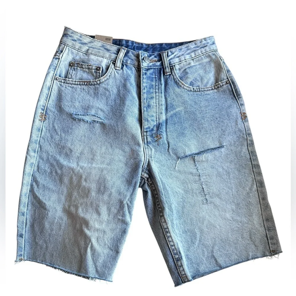 12 NWT Ksubi Brooklyn Ripped Denim Relaxed Bermuda Short in Denim Blue